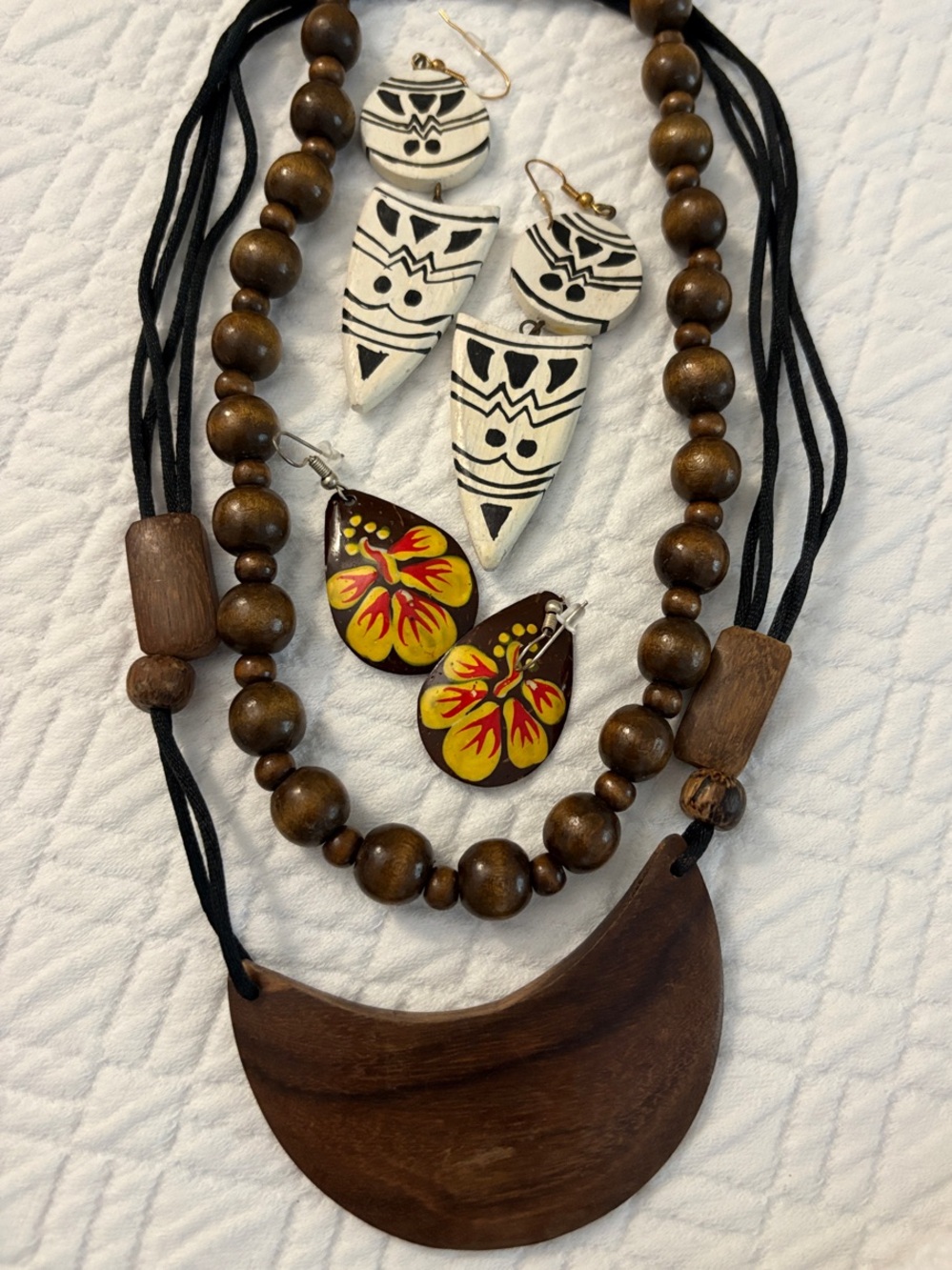 Boho Bundle - Wooden Necklaces with Two Pairs of Statement Earrings